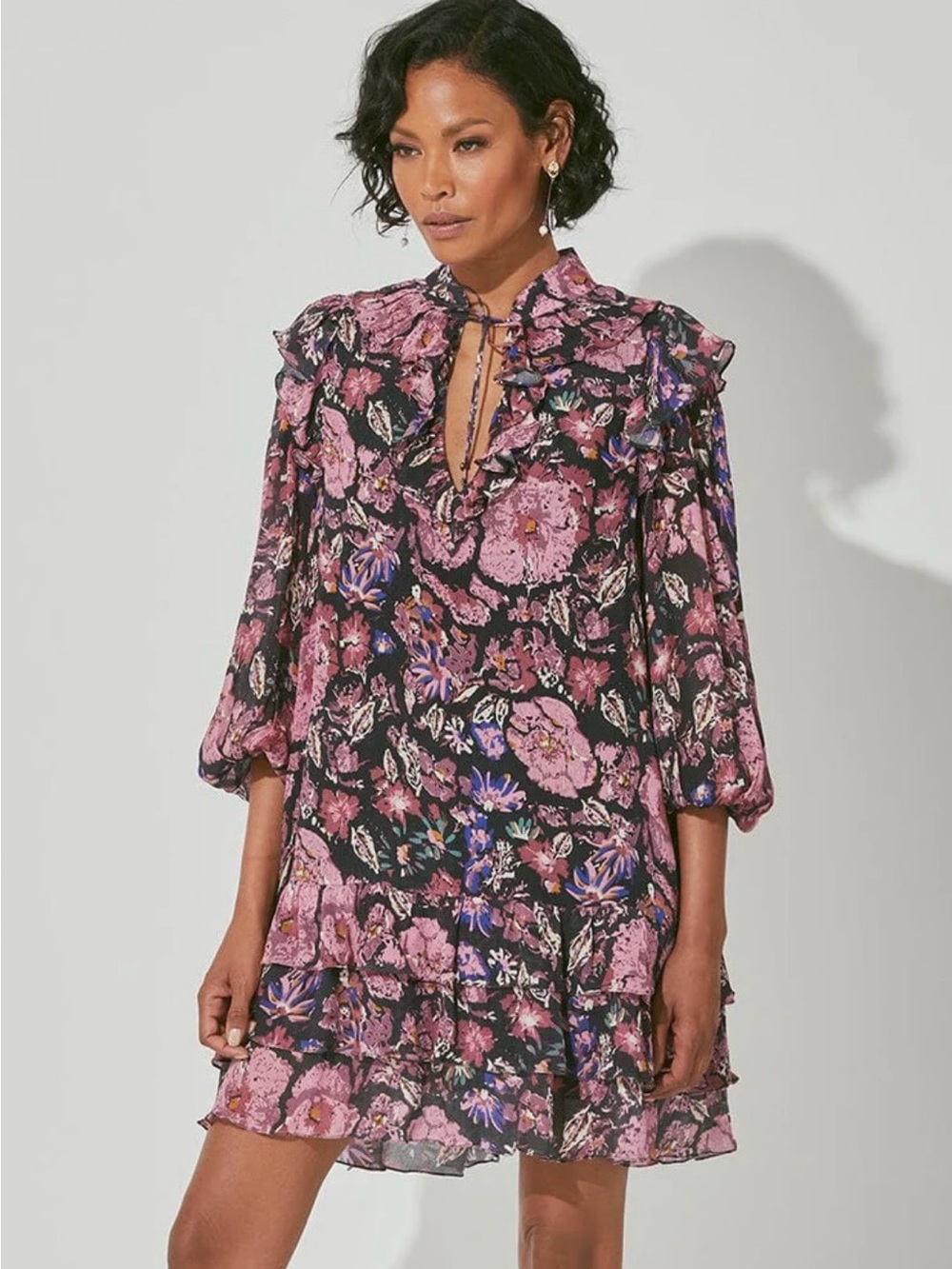 Cleobella Black Floral Ruffle Tie-Neck Midi Dress